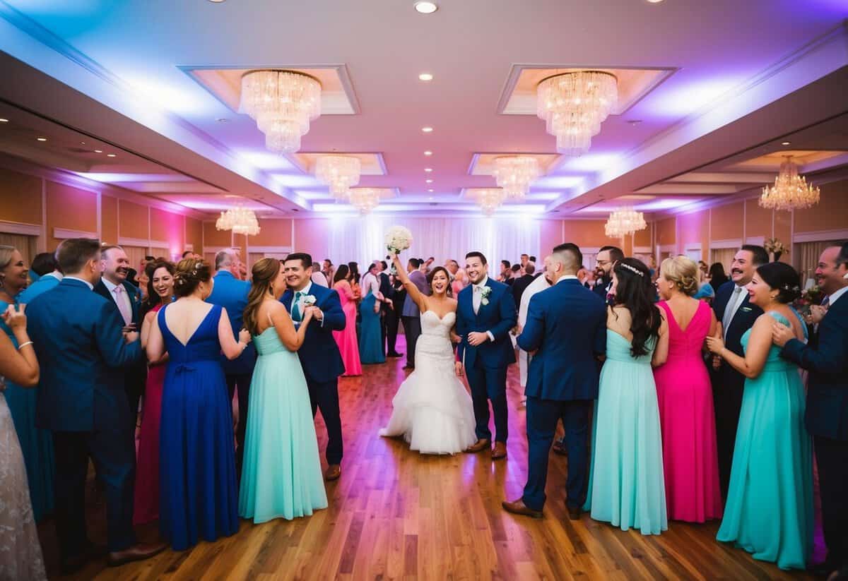 A vibrant and colorful wedding reception with equal numbers of guests mingling and celebrating in a joyful atmosphere
