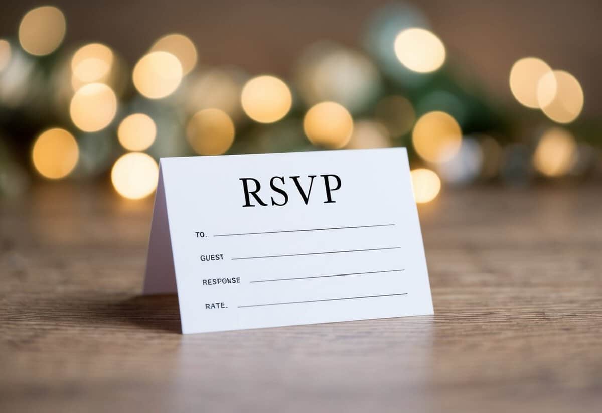 An RSVP card with blank spaces for guest names and response options