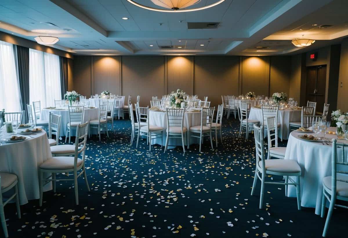 A deserted wedding venue with empty chairs and tables, scattered confetti, and untouched food and drinks