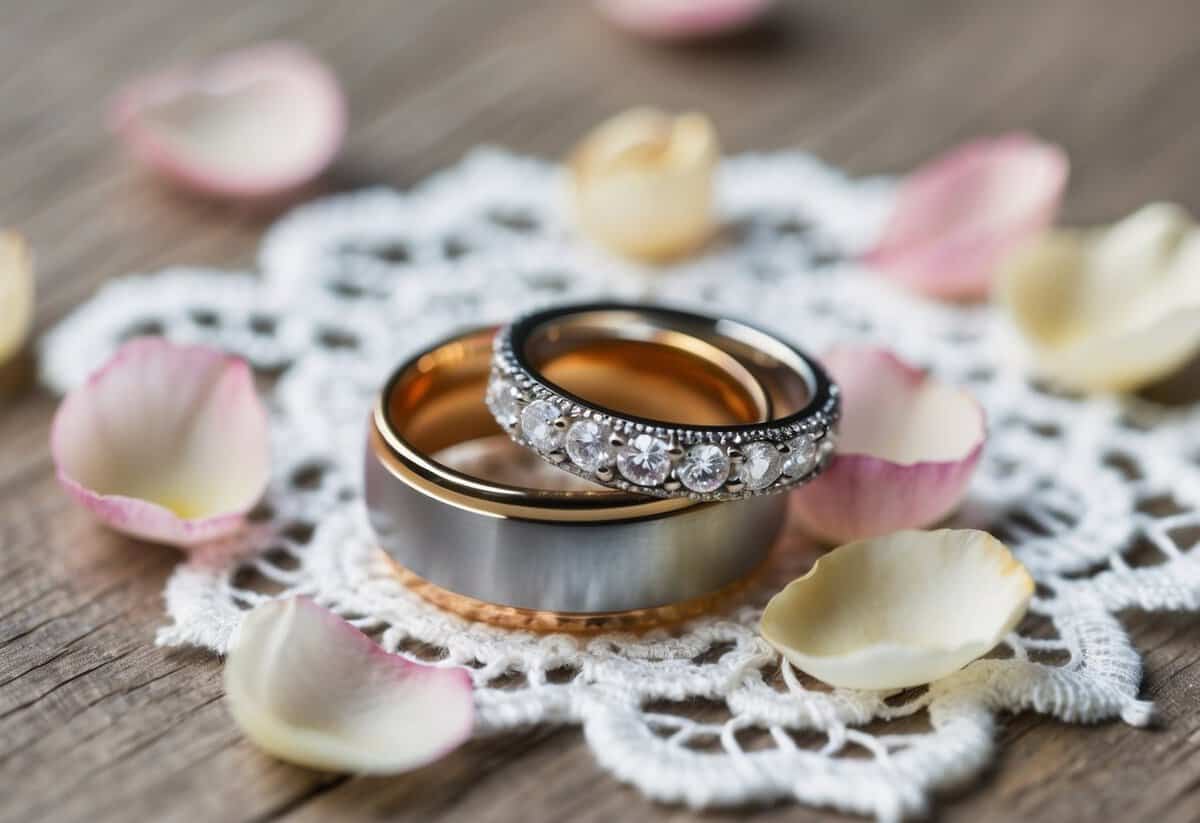A pair of elegant wedding rings resting on a bed of delicate white lace, surrounded by a scattering of rose petals