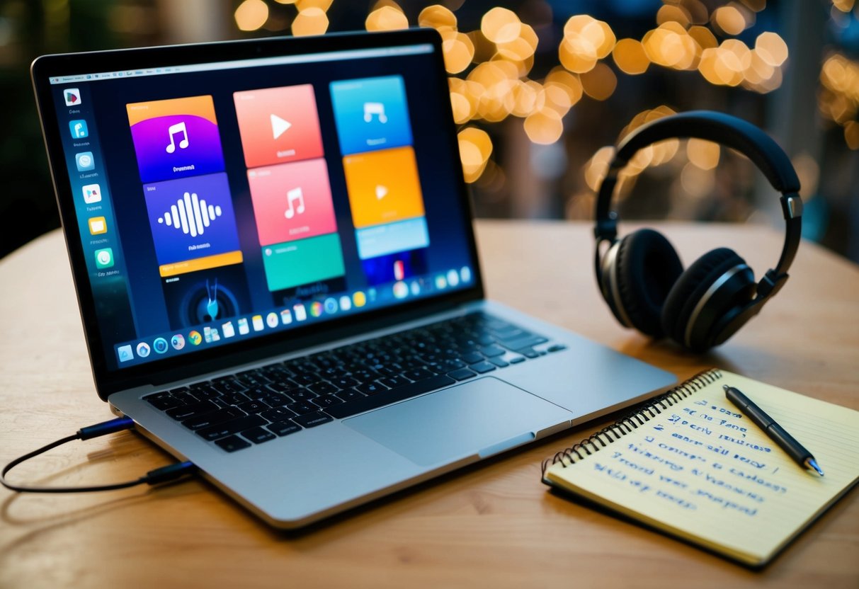 A laptop open with music streaming app, headphones plugged in, and a list of favorite songs written on a notepad nearby