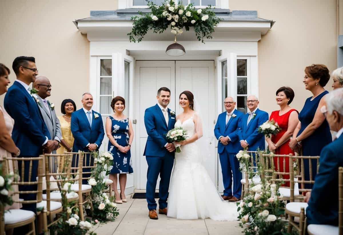 A bride and groom stand in front of a small, intimate wedding ceremony with only a few close family members present