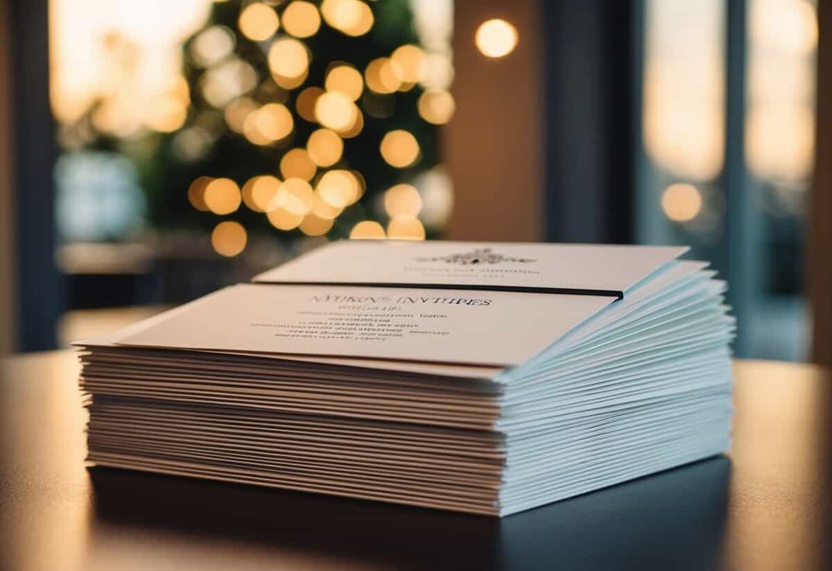 A stack of individual wedding invitations arranged neatly on a table
