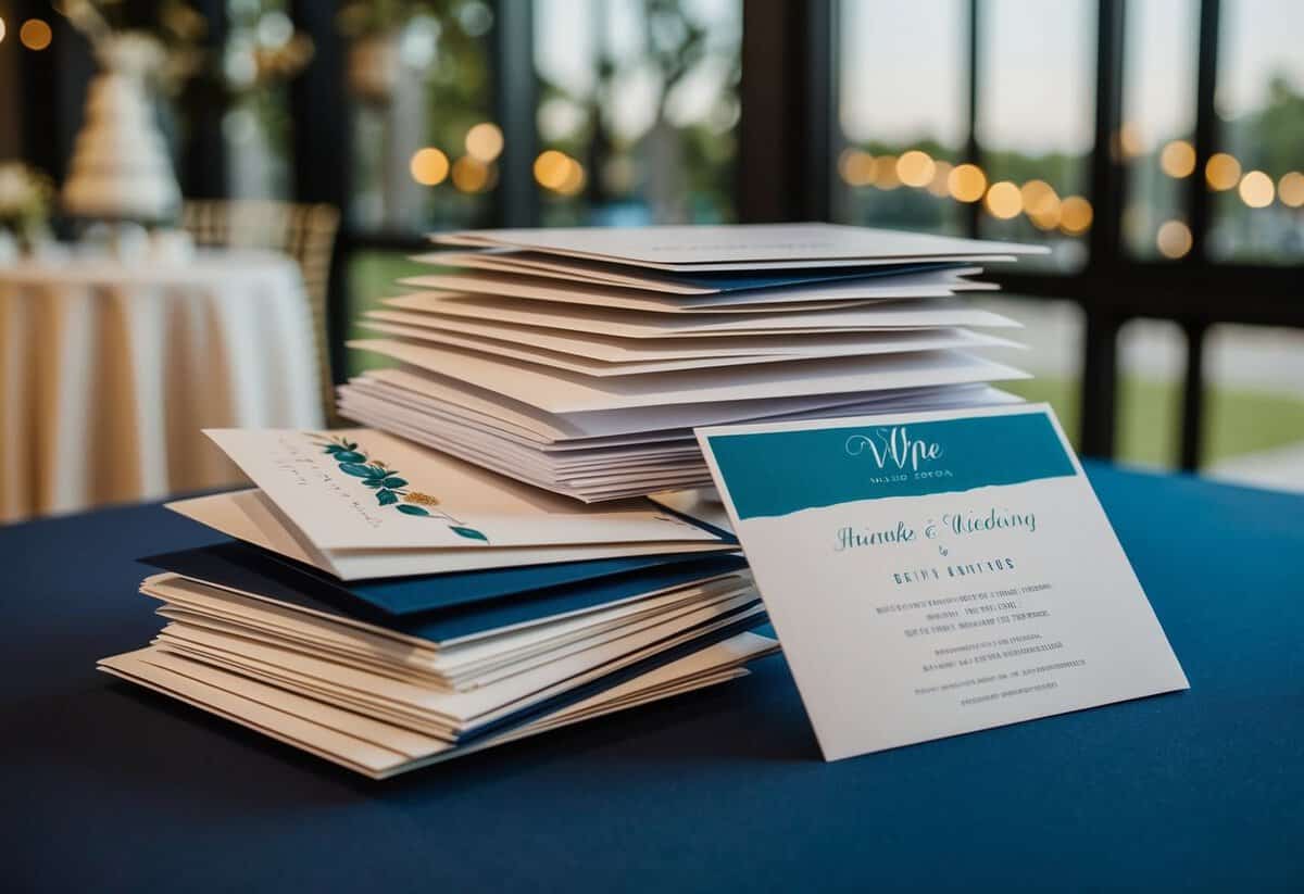 A stack of wedding invitations, each with different designs and themes, arranged on a table