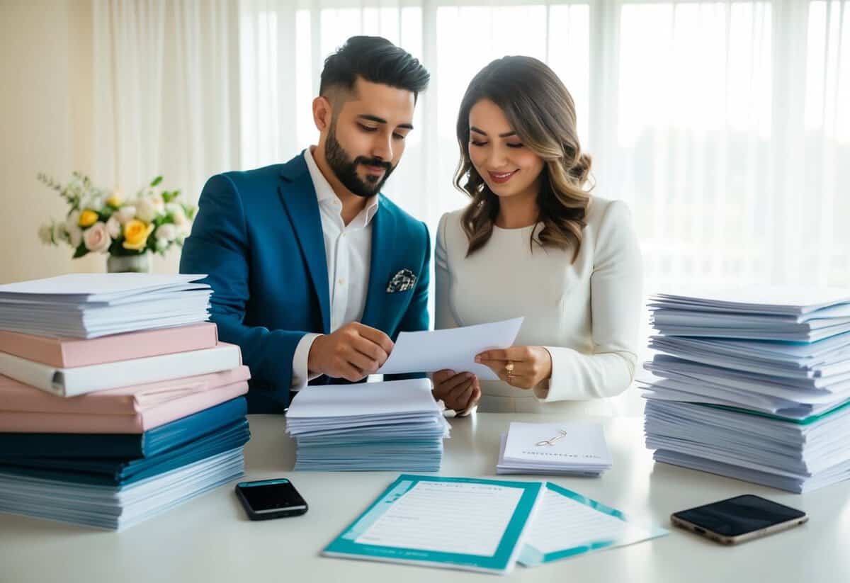 A couple deliberates over a guest list, surrounded by stacks of wedding planning materials and a list of potential venues