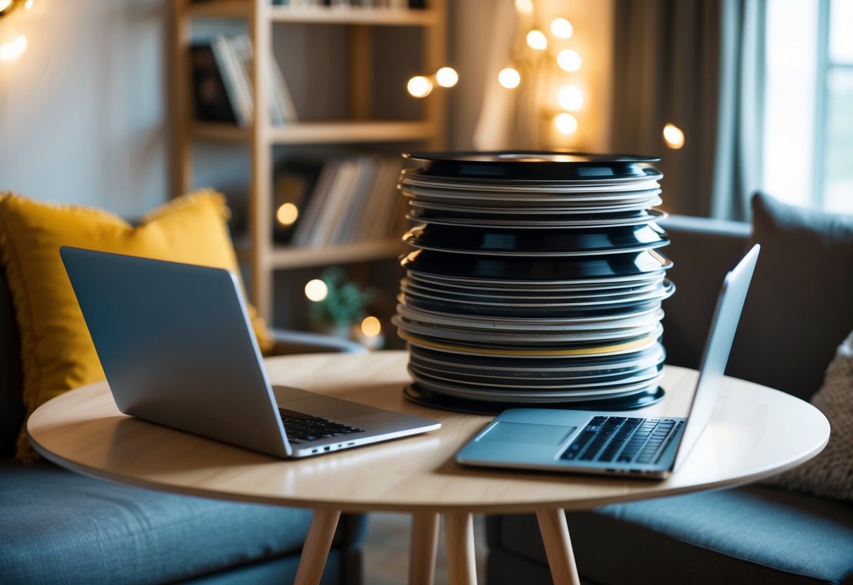A table with two laptops and a pile of vinyl records, surrounded by cozy seating and soft lighting