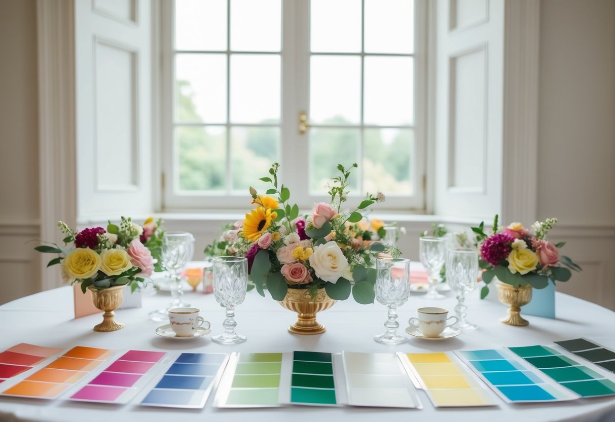 A table adorned with various color swatches, flowers, and elegant stationery, with a bright window casting natural light onto the scene
