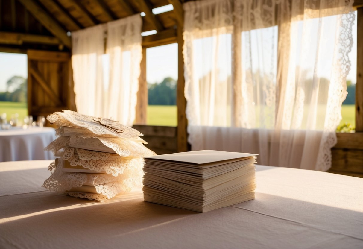 A rustic barn venue with soft, pastel color palette. Sunlight filtering through lace curtains, casting a warm glow on a stack of delicate wedding invitations