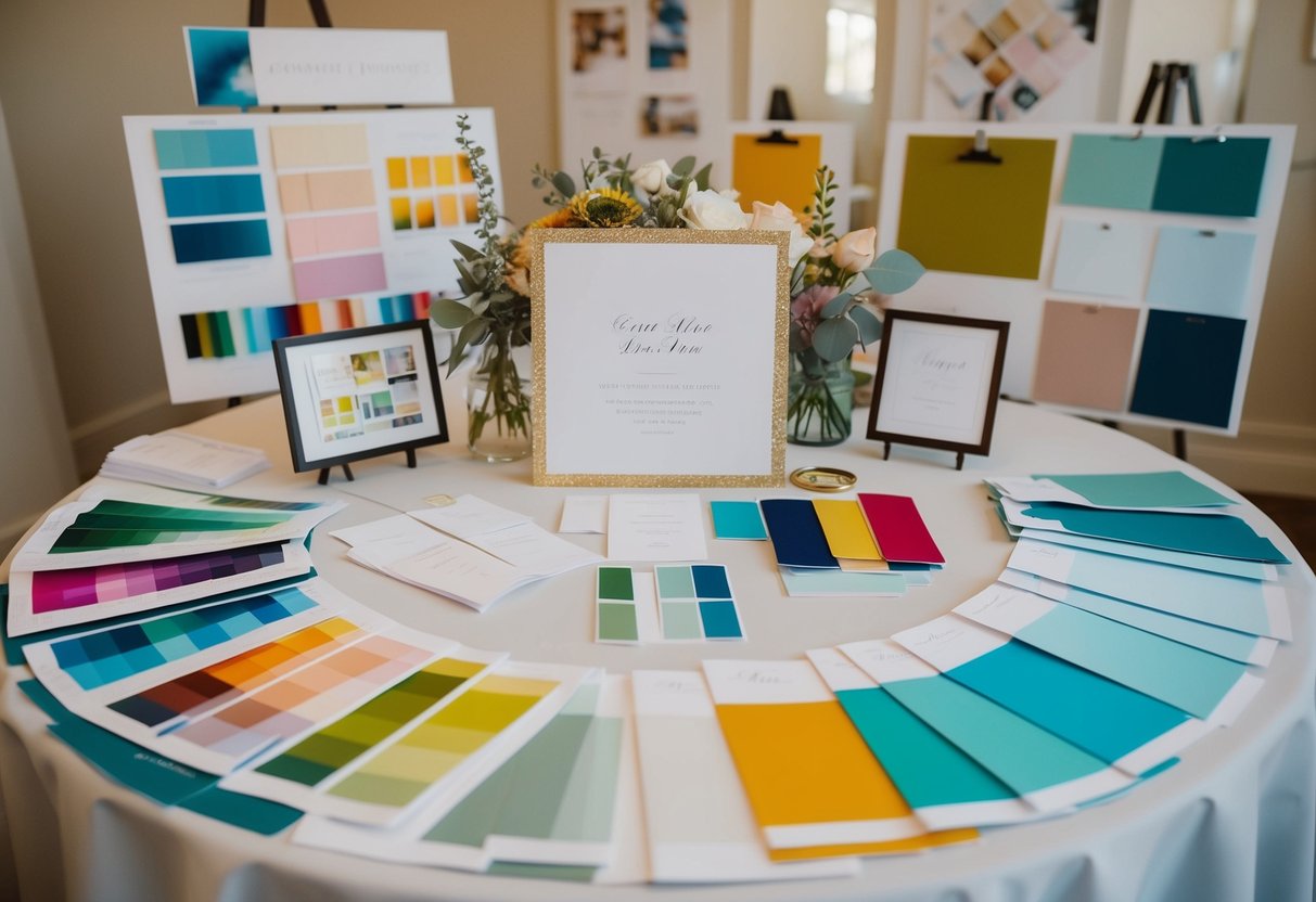 A table adorned with various color swatches and wedding invitation samples, surrounded by mood boards and seasonal trend inspiration