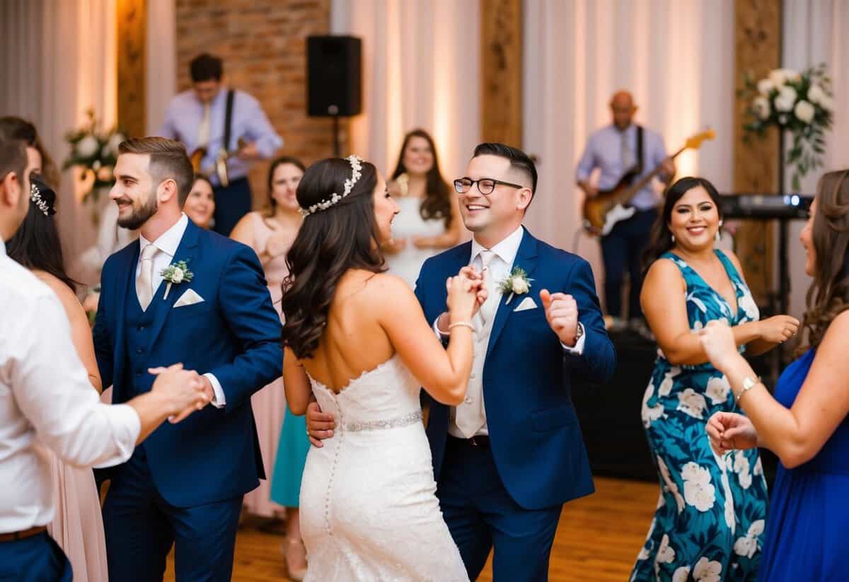 Guests dance to lively music at a wedding reception. Flowers adorn the venue, and a band or DJ performs upbeat songs