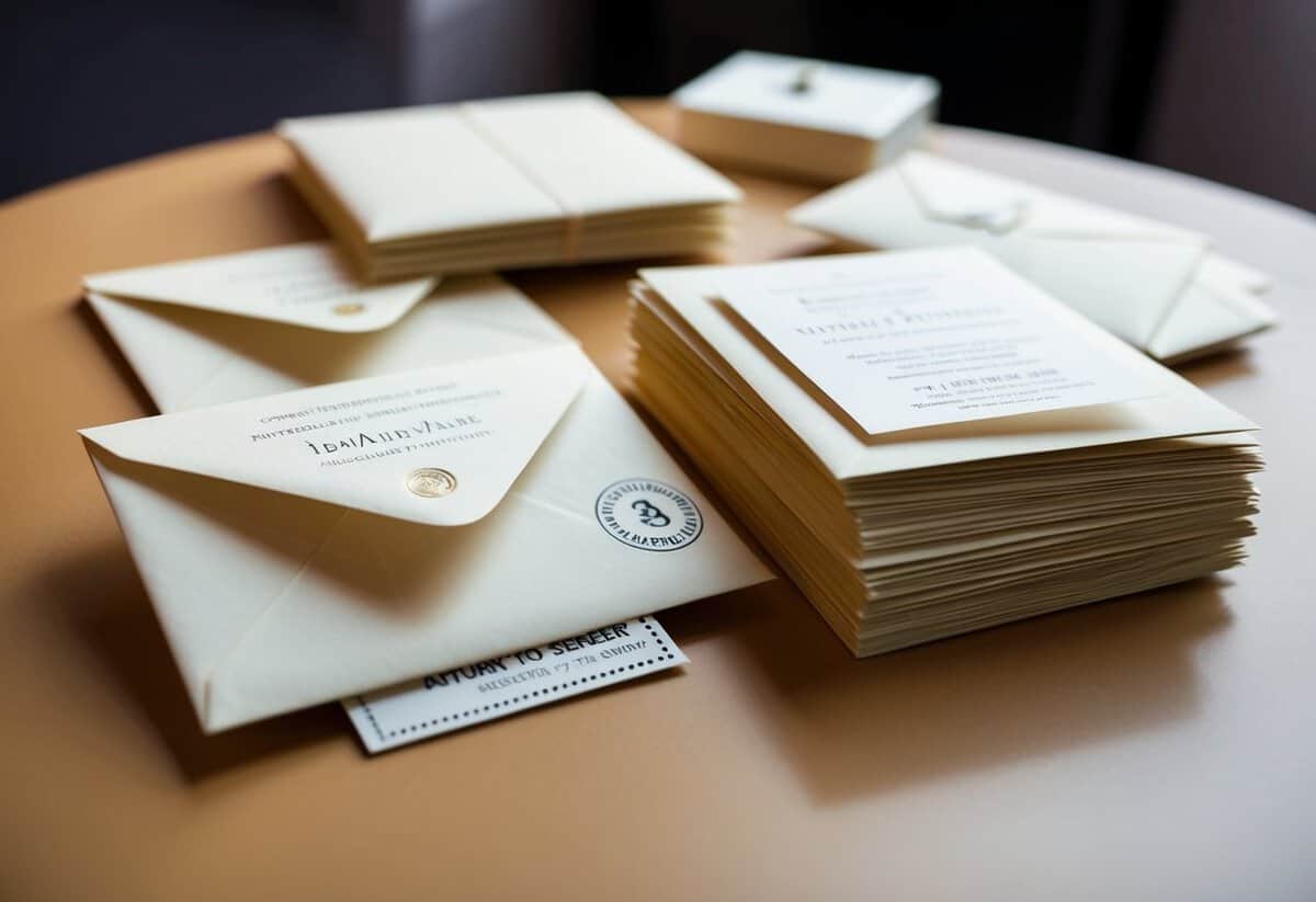A stack of wedding invitations, some opened and some sealed, sits on a table. One unopened envelope has a "return to sender" stamp