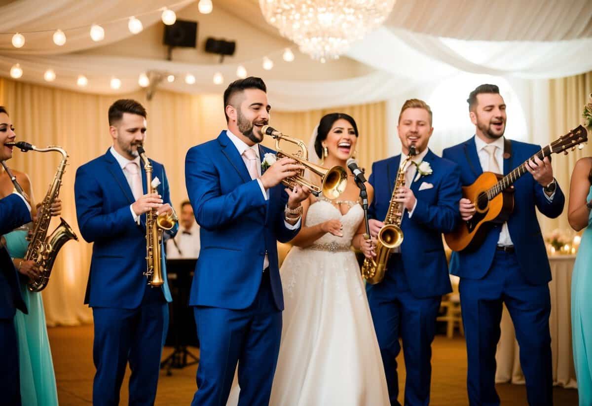A lively wedding band performs a mix of classic love songs and modern hits, filling the air with joyous melodies and romantic tunes