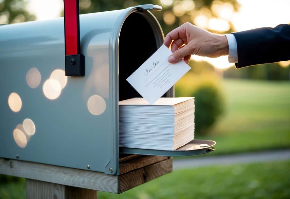 A stack of elegant wedding invitations being placed into a mailbox