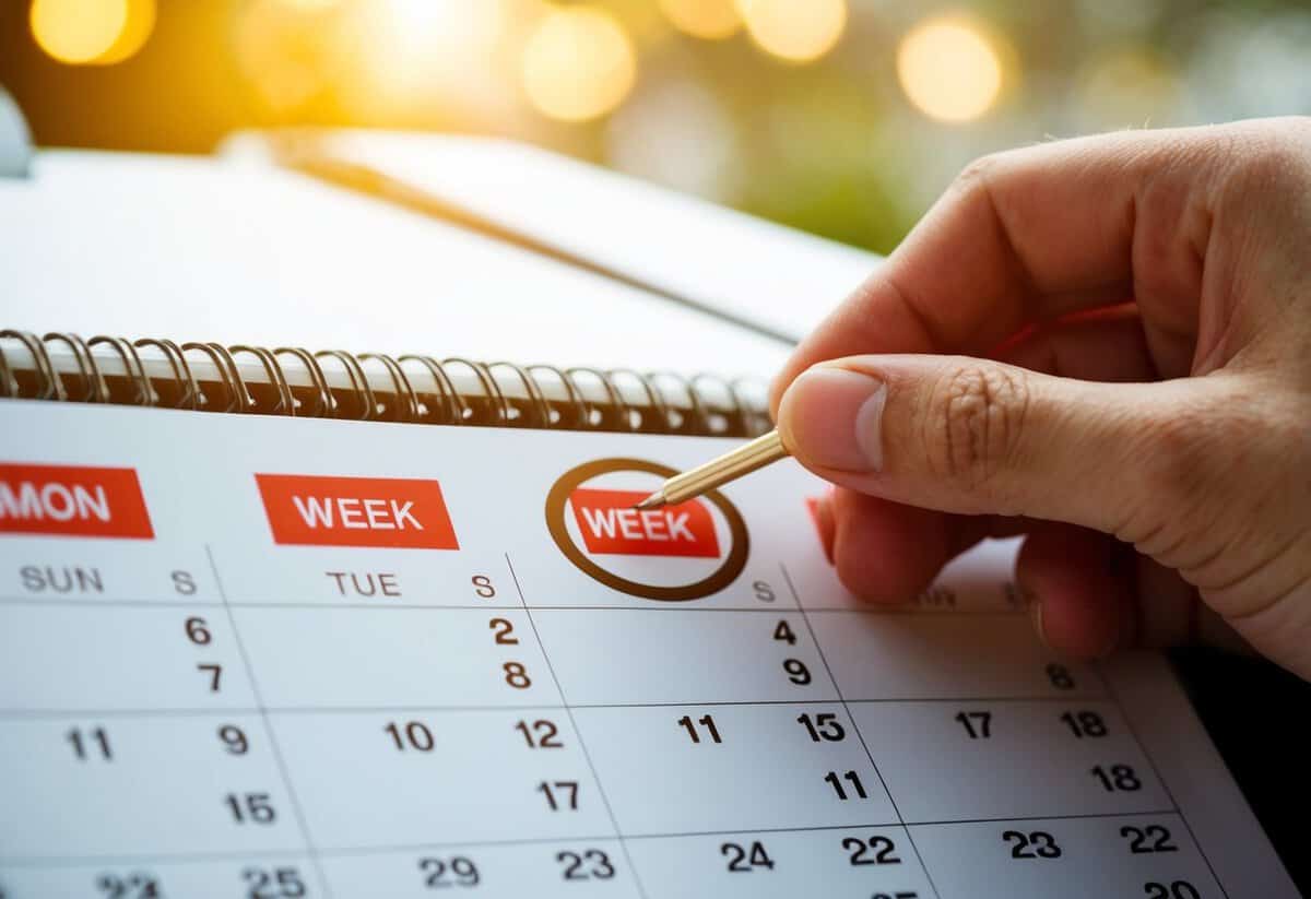 A calendar with a circle around a date 2 weeks in the future