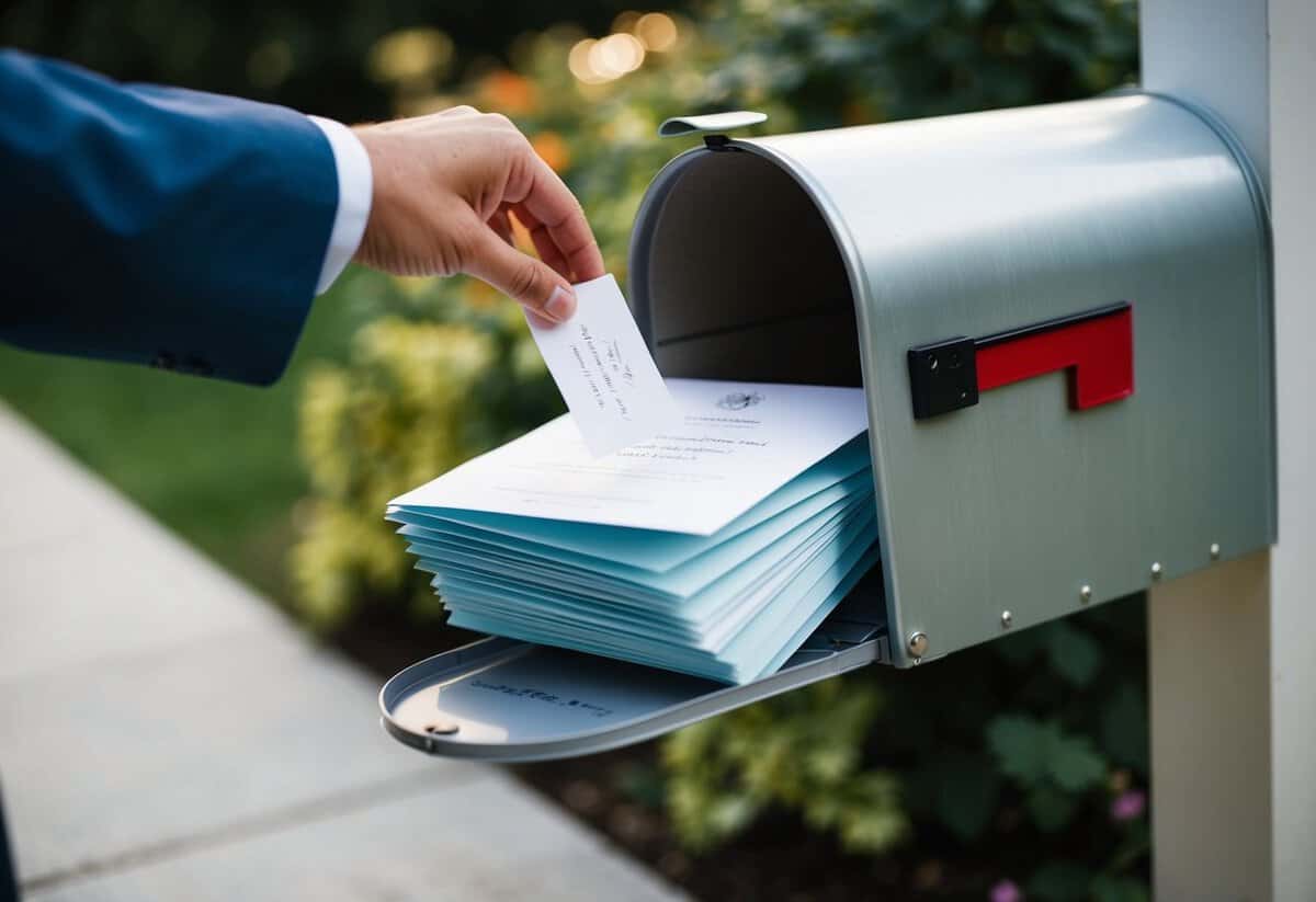 A stack of elegant wedding invitations being placed into a mailbox