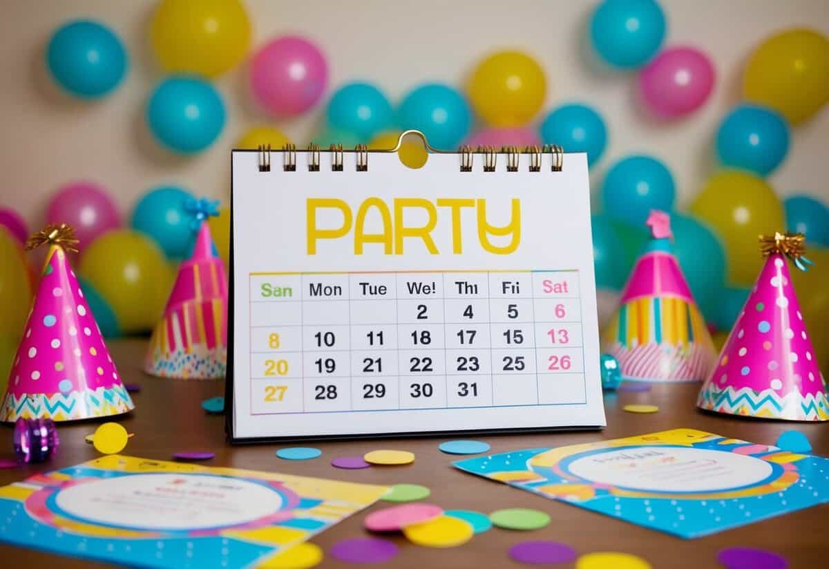 A calendar with the date of the party circled, surrounded by party decorations and invitations