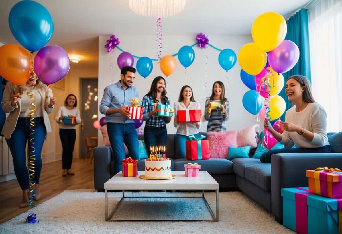 A festive living room with balloons, streamers, and a birthday cake on a table. Guests are arriving with gifts and laughter fills the air