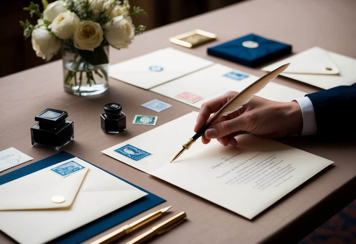 A table set with elegant stationery, envelopes, and stamps. A hand reaches for a quill pen and inkwell