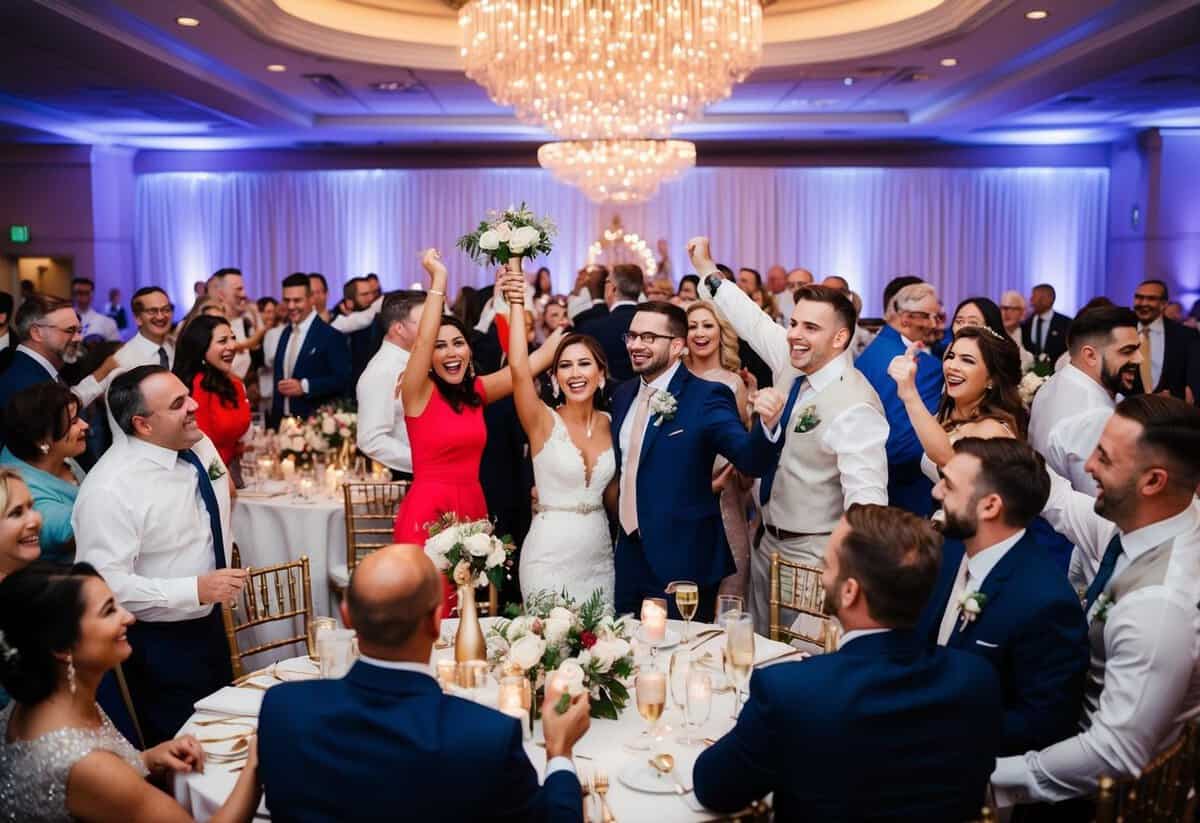 A festive wedding reception with a large gathering of guests celebrating
