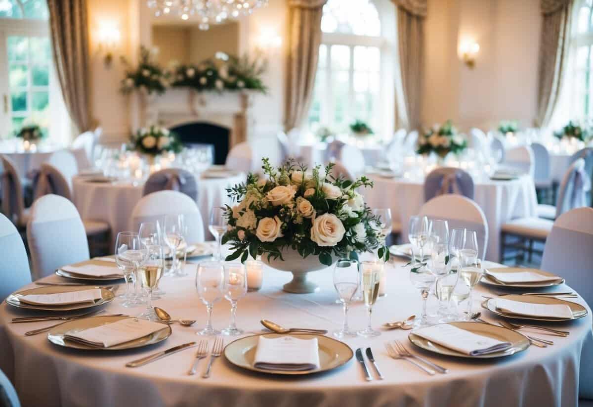 A beautifully decorated wedding table set for a traditional British celebration, with elegant place settings and floral centerpieces