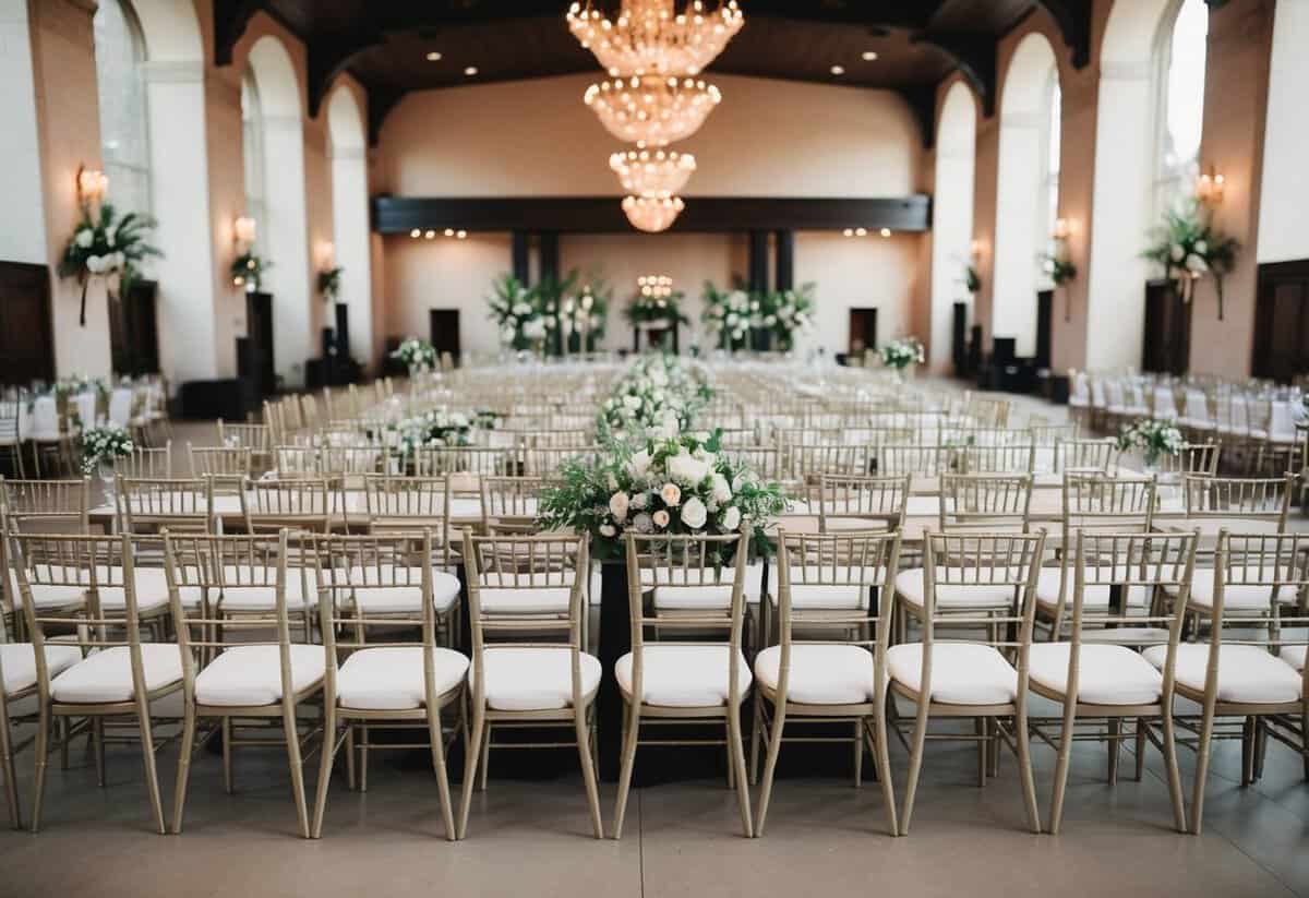 A grand wedding venue with rows of elegant chairs set up for a large gathering. The space is adorned with floral arrangements and decorative lighting