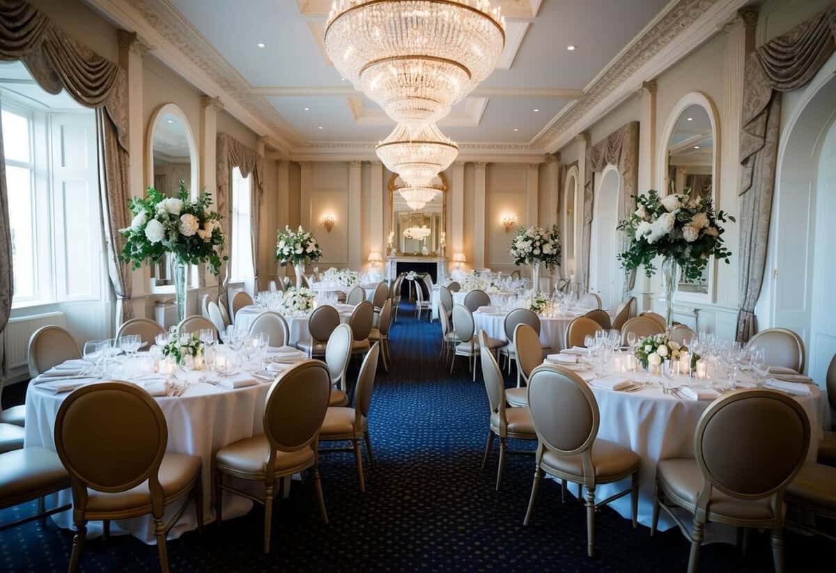 A grand British wedding venue with elegant decor and seating for a large number of guests