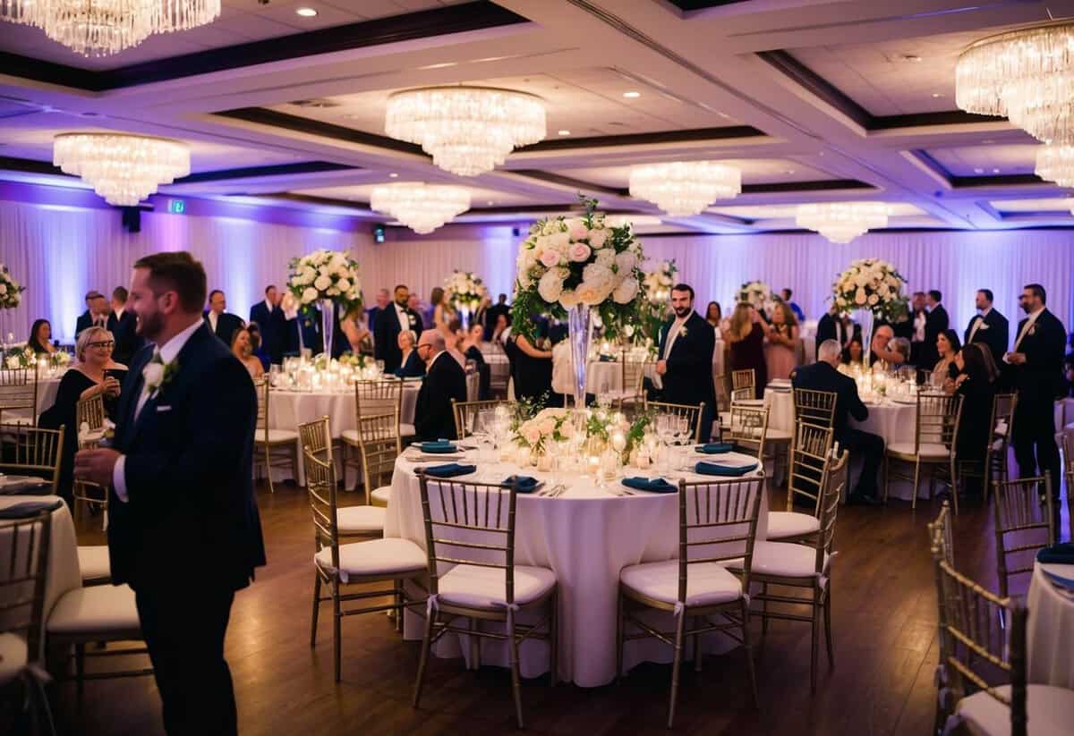 A wedding reception with a beautifully decorated venue, tables set for a large number of guests, and a festive atmosphere