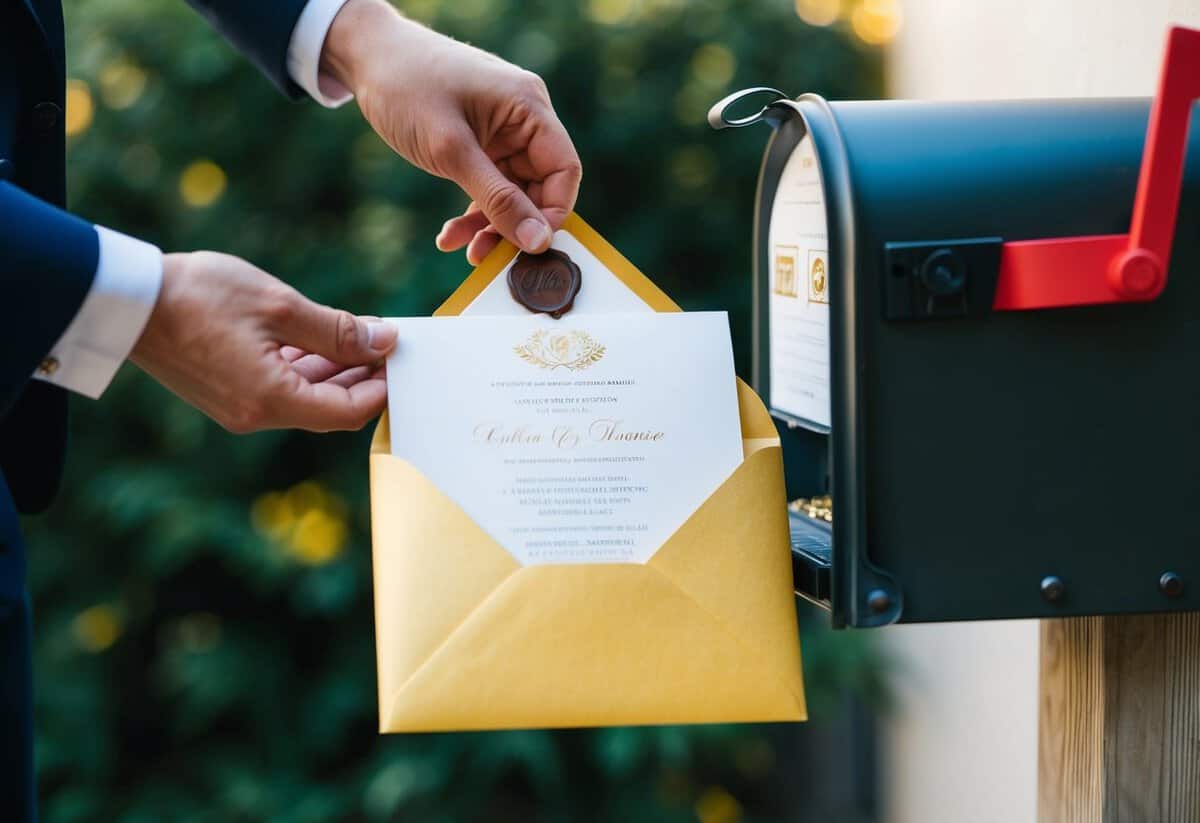 A hand placing an elegant invitation into a golden envelope, sealing it with a wax stamp, and placing it into a mailbox
