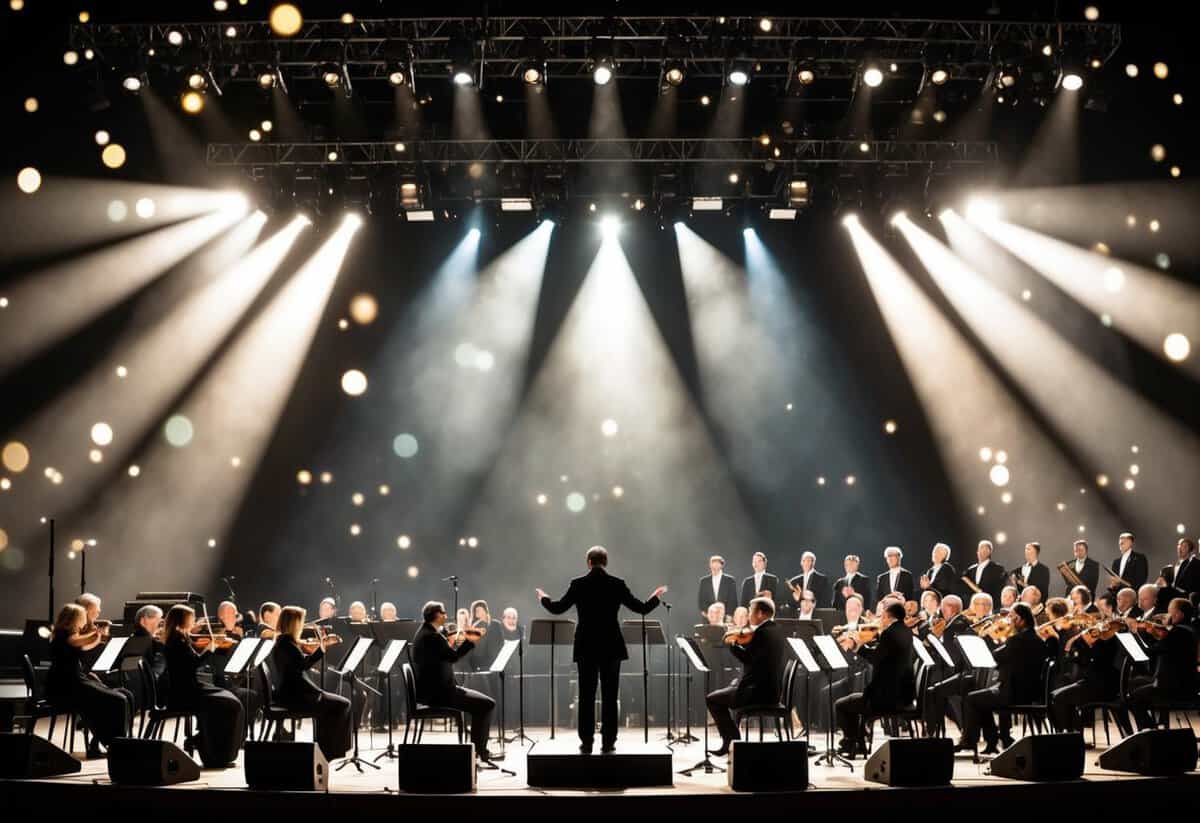 A grand stage with spotlights illuminating a row of microphones, surrounded by a symphony orchestra and a choir, all set against a backdrop of glittering stars