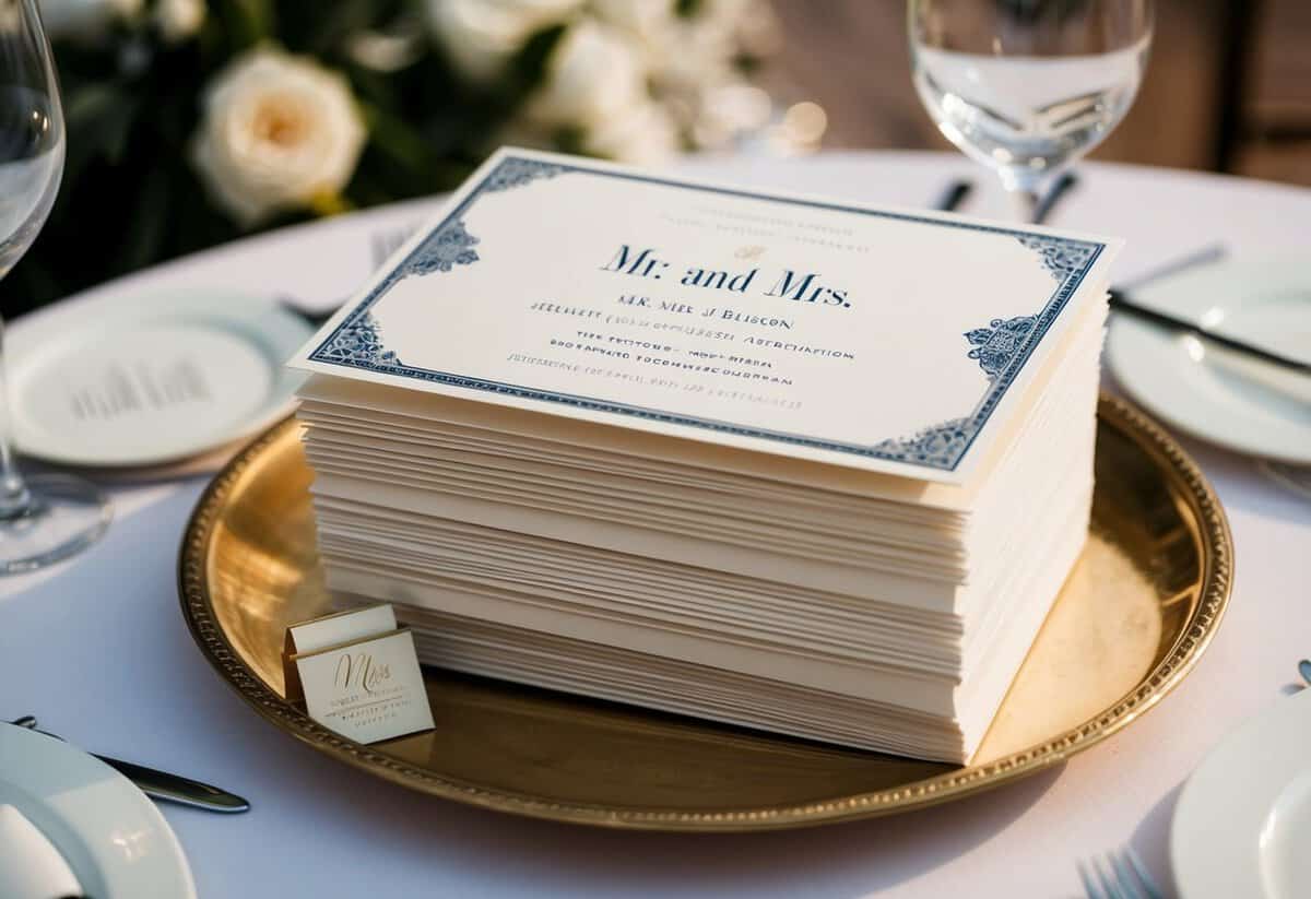 A stack of elegant wedding invitations with traditional titles like "Mr. and Mrs." displayed prominently