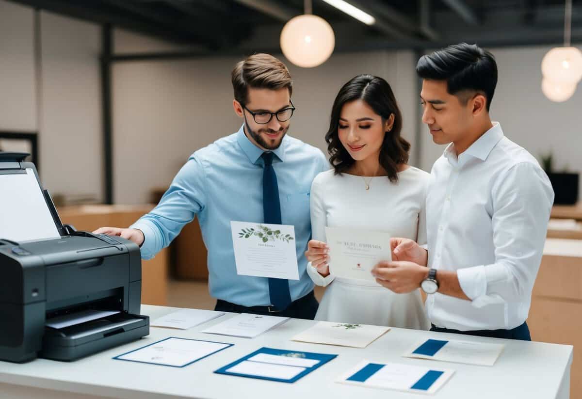 A couple examining various wedding invitation samples with a printer, discussing pricing and printing techniques