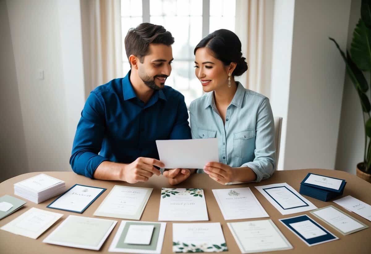 A couple sitting at a table, surrounded by various wedding invitation samples and design options. They are discussing and comparing different styles and details