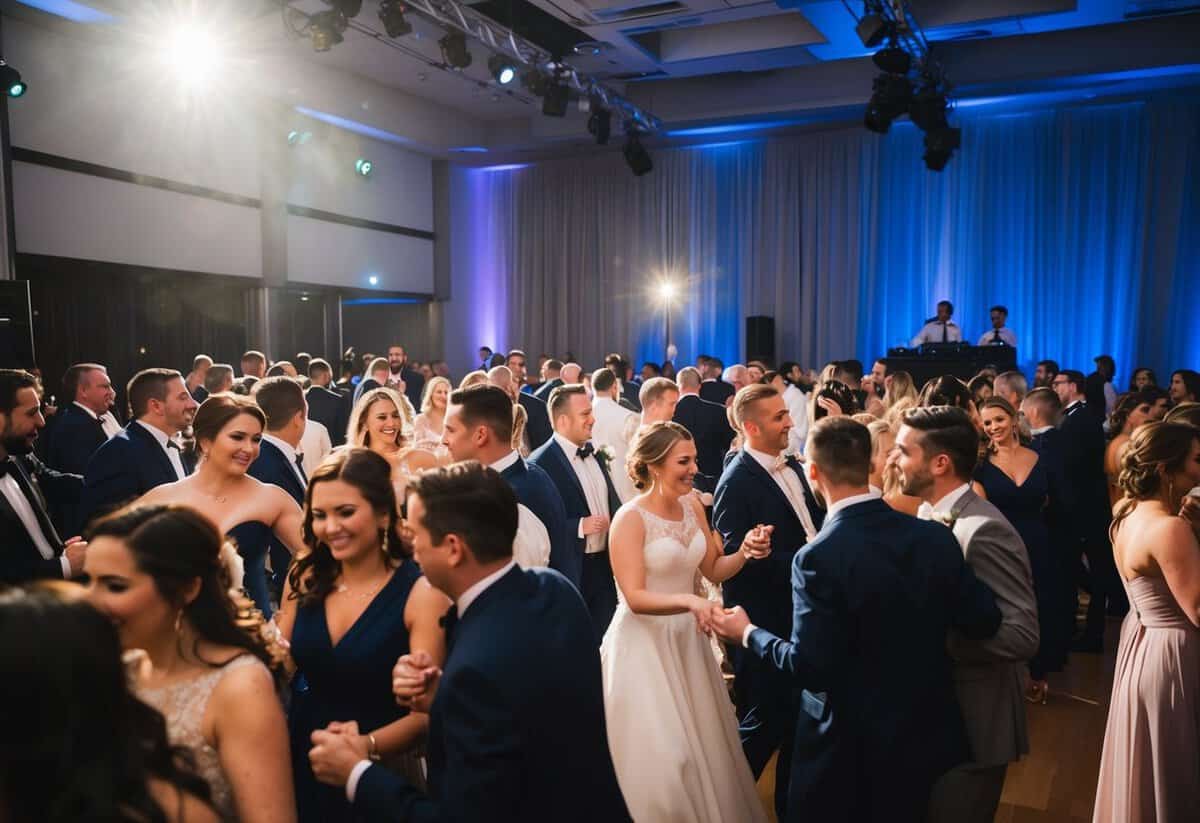 A crowded dance floor with couples swaying to the music, a DJ booth in the background, and a spotlight shining down on the newlyweds