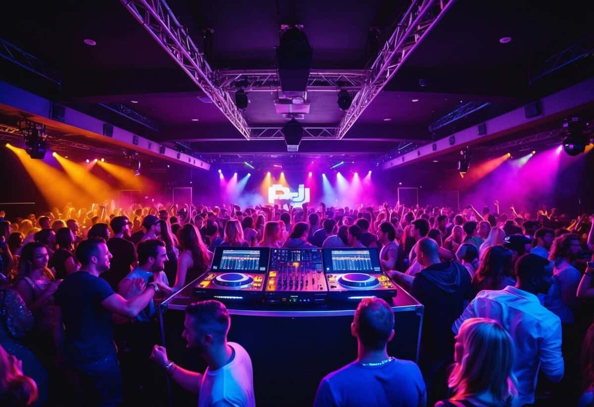 A crowded dance floor with colorful lights and a DJ booth. The music is loud and energetic, with people dancing and singing along