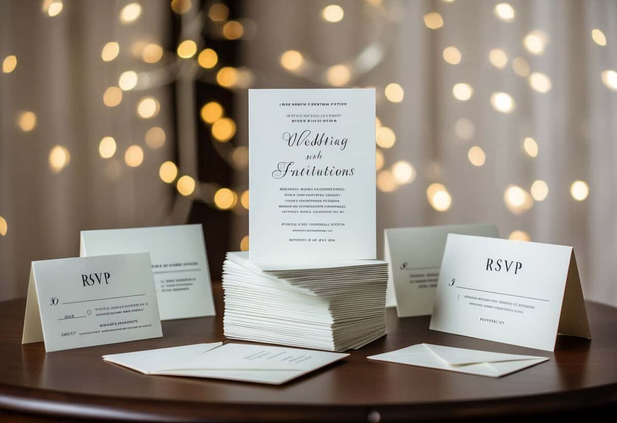 A stack of elegant wedding invitations with accompanying RSVP cards and envelopes, ready to be mailed out