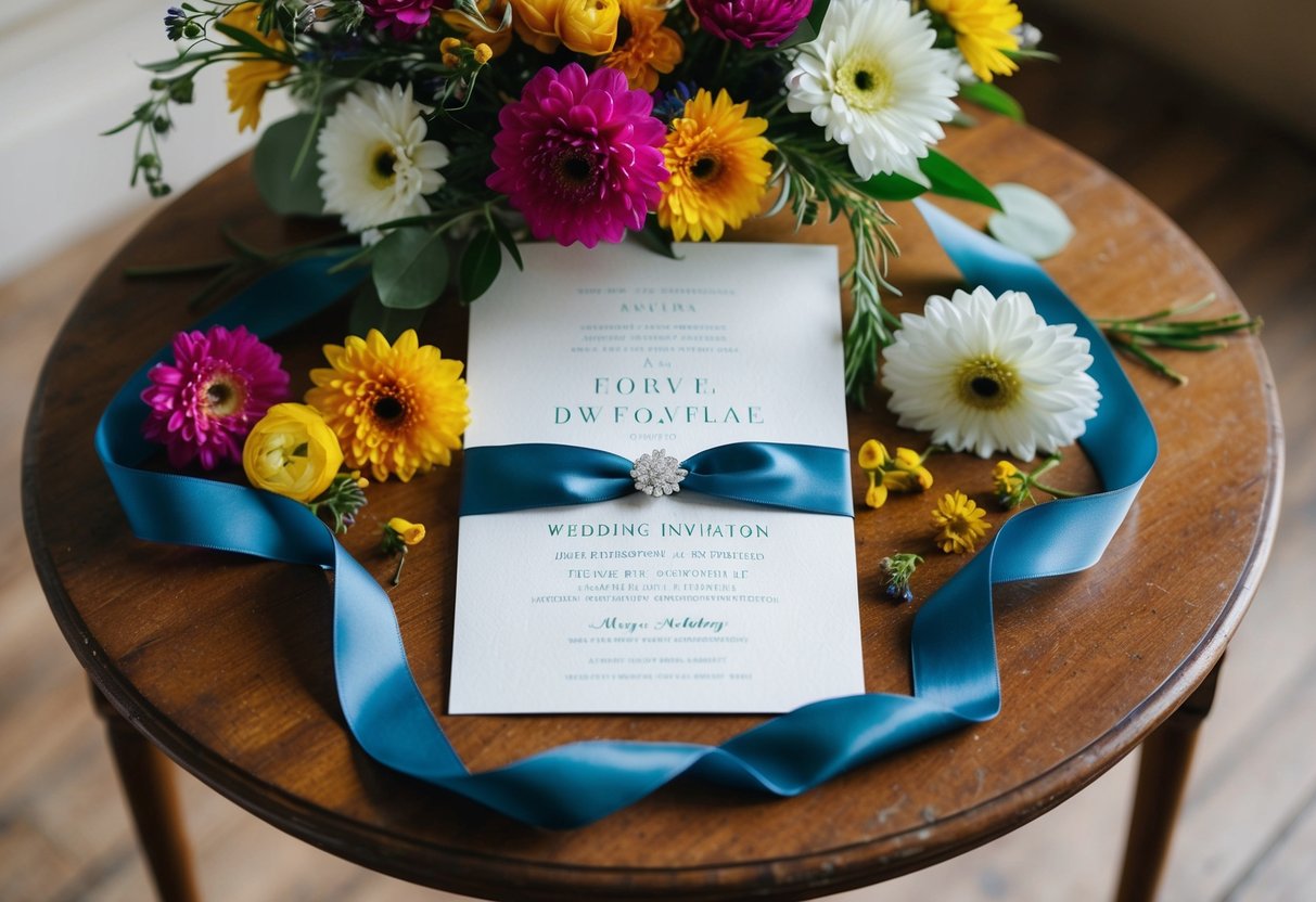A wedding invitation surrounded by vibrant flowers and elegant ribbon, placed on a vintage wooden table with soft natural lighting