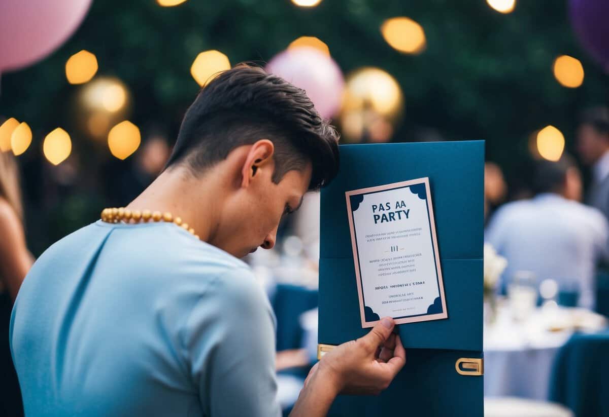 A person turning away from a party invitation, shaking their head