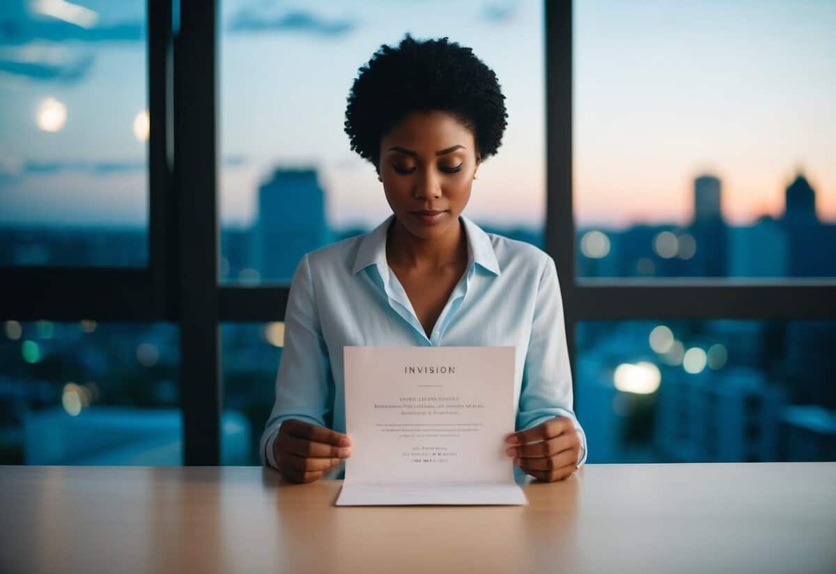 A person standing alone, looking at a declined invitation with a thoughtful expression