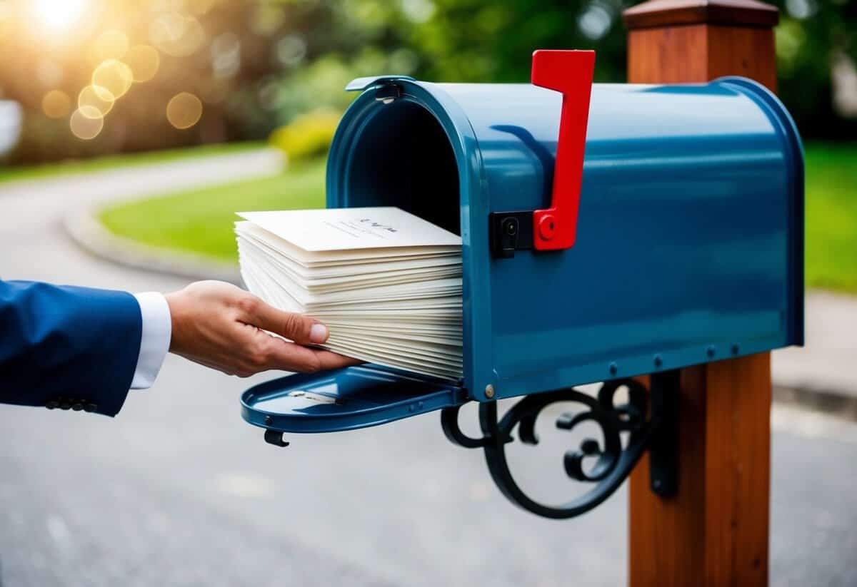A hand placing a stack of wedding invitations into a mailbox