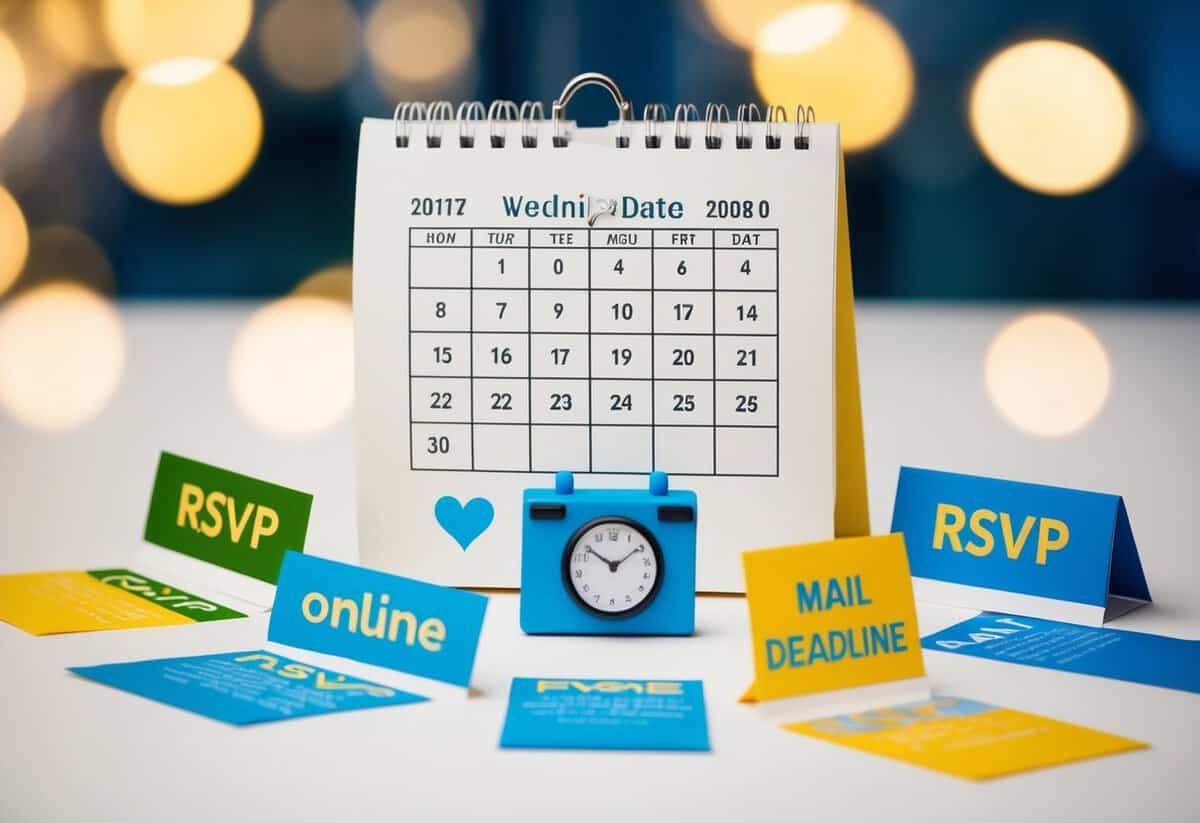 A calendar with a wedding date circled, surrounded by different types of RSVP options (online, phone, mail), with a clock showing a deadline for RSVPs