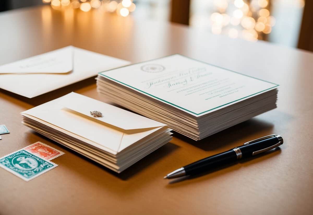 A stack of wedding invitations and envelopes, with stamps and a pen nearby