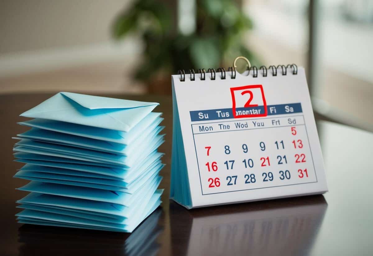A stack of unopened envelopes on a table, with a calendar showing the event date circled in red