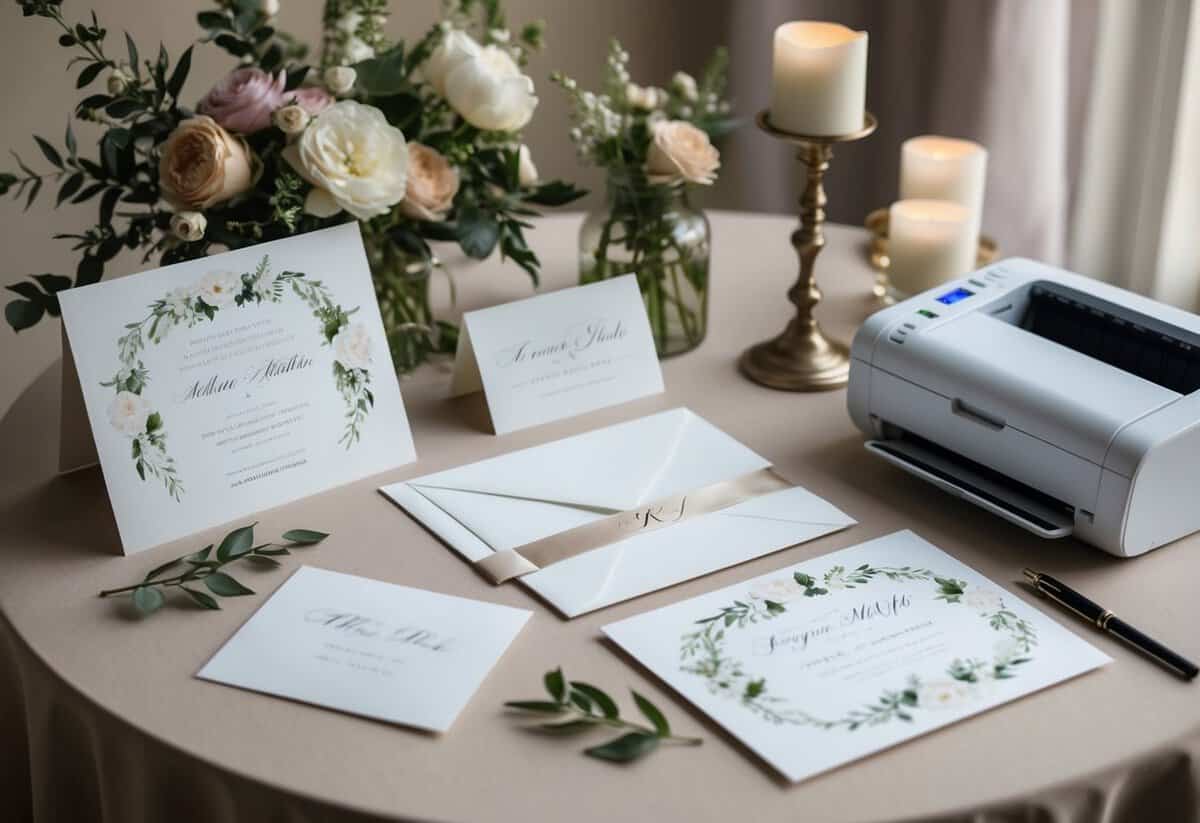 A table set with elegant wedding invitations, a printer and a calligraphy pen, surrounded by floral decorations and soft lighting