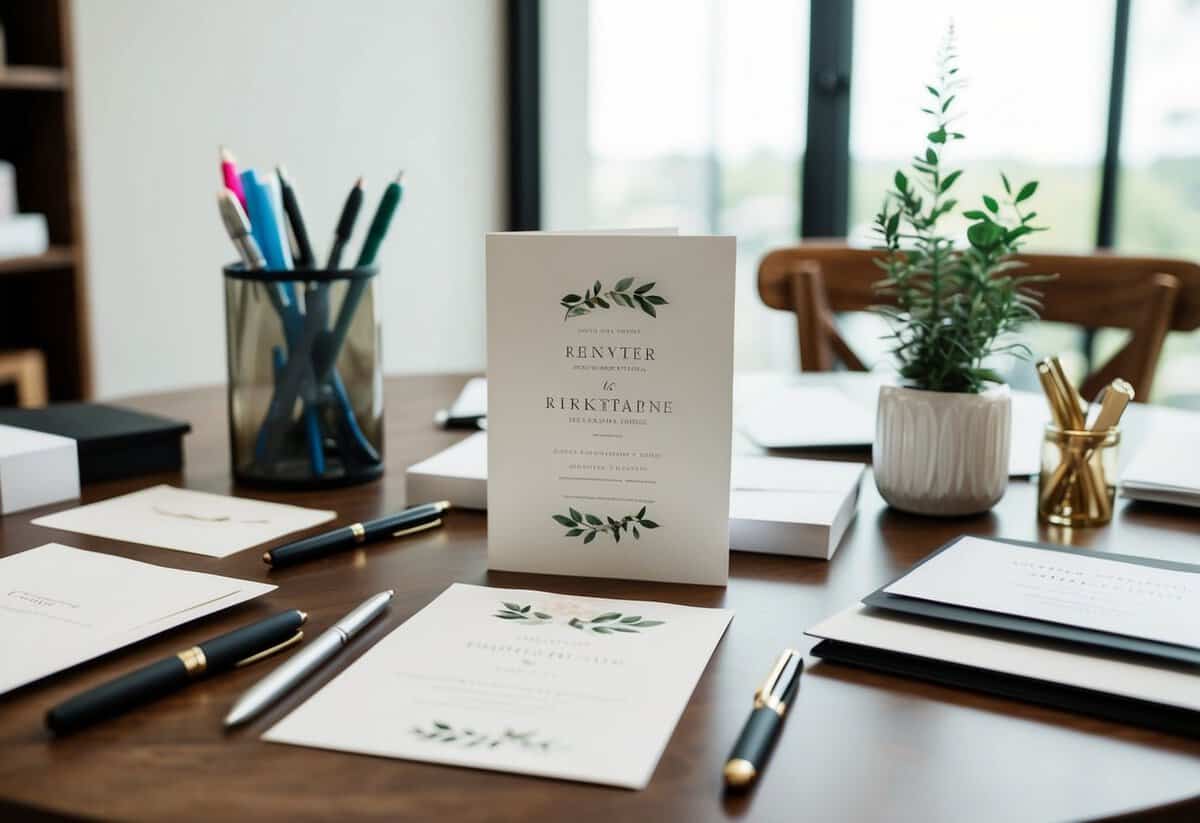 A table set with elegant wedding invitations, surrounded by pens and printing supplies