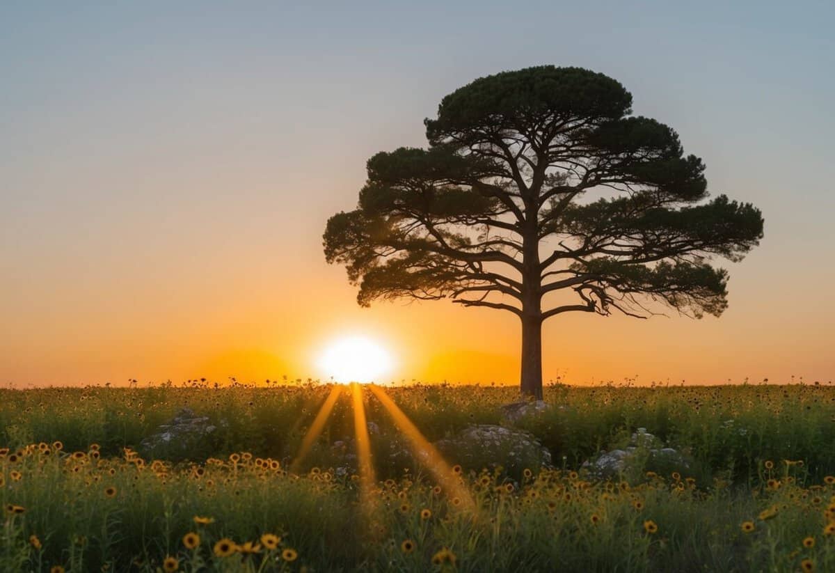 A lone tree standing tall amidst a field of wildflowers, with the sun setting in the background, casting a warm, golden glow over the landscape