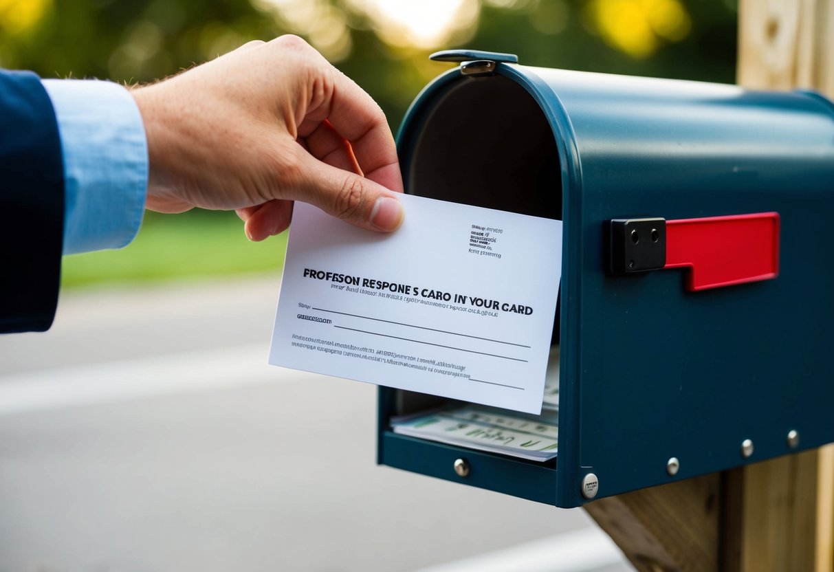 A hand placing a response card into a mailbox
