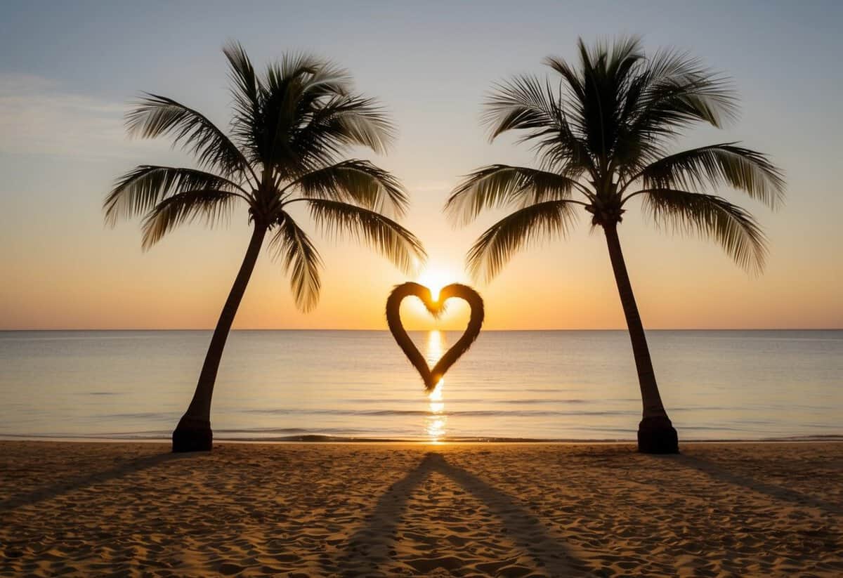 A serene sunset over a tranquil beach, with two intertwined palm trees casting a heart-shaped shadow on the golden sand