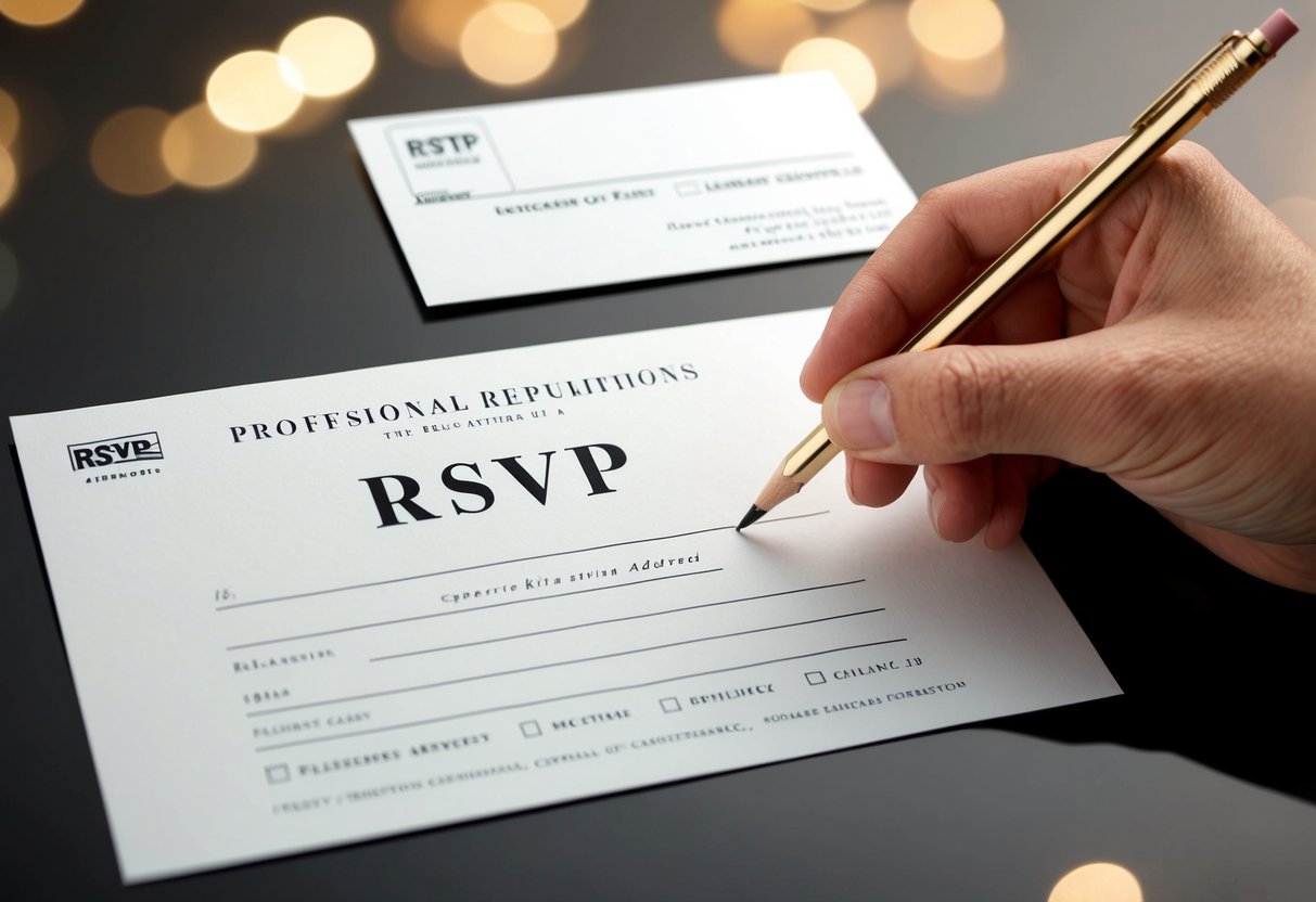 A hand holding a pencil hovers over an RSVP card, with various response options and a return address visible