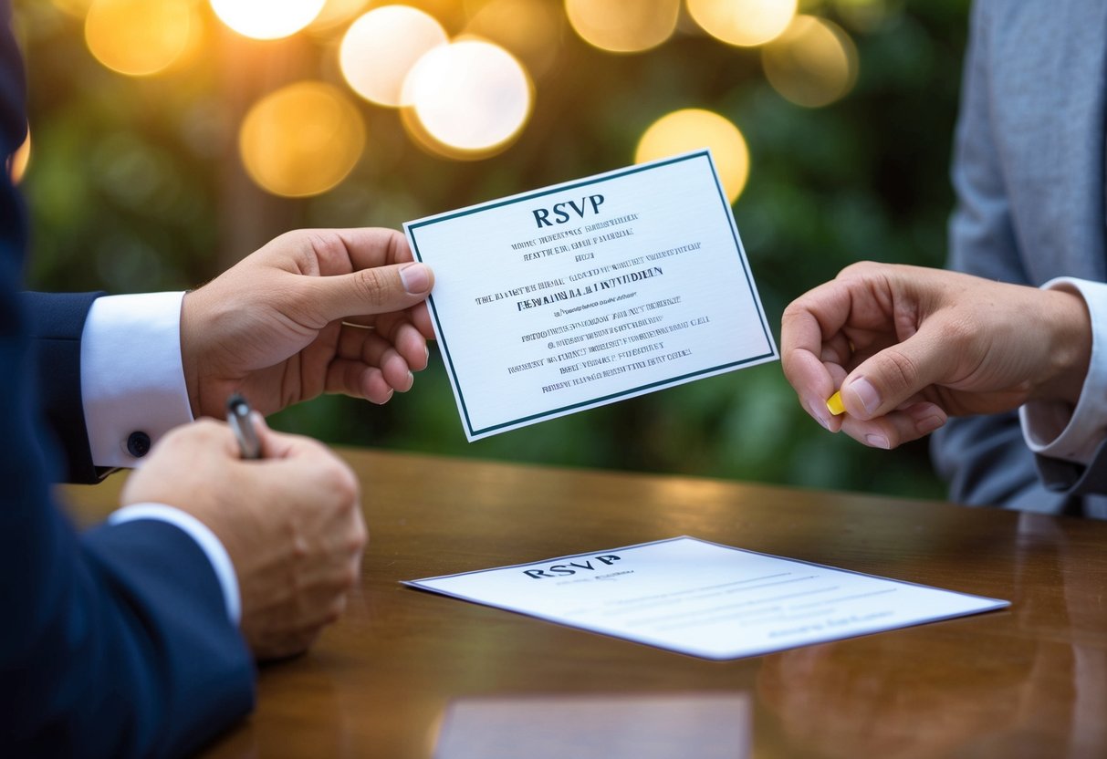 A person receiving a formal invitation, considering options, and filling out an RSVP card