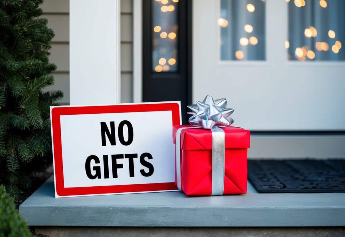 A wrapped present sits on a doorstep next to a sign reading "no gifts."